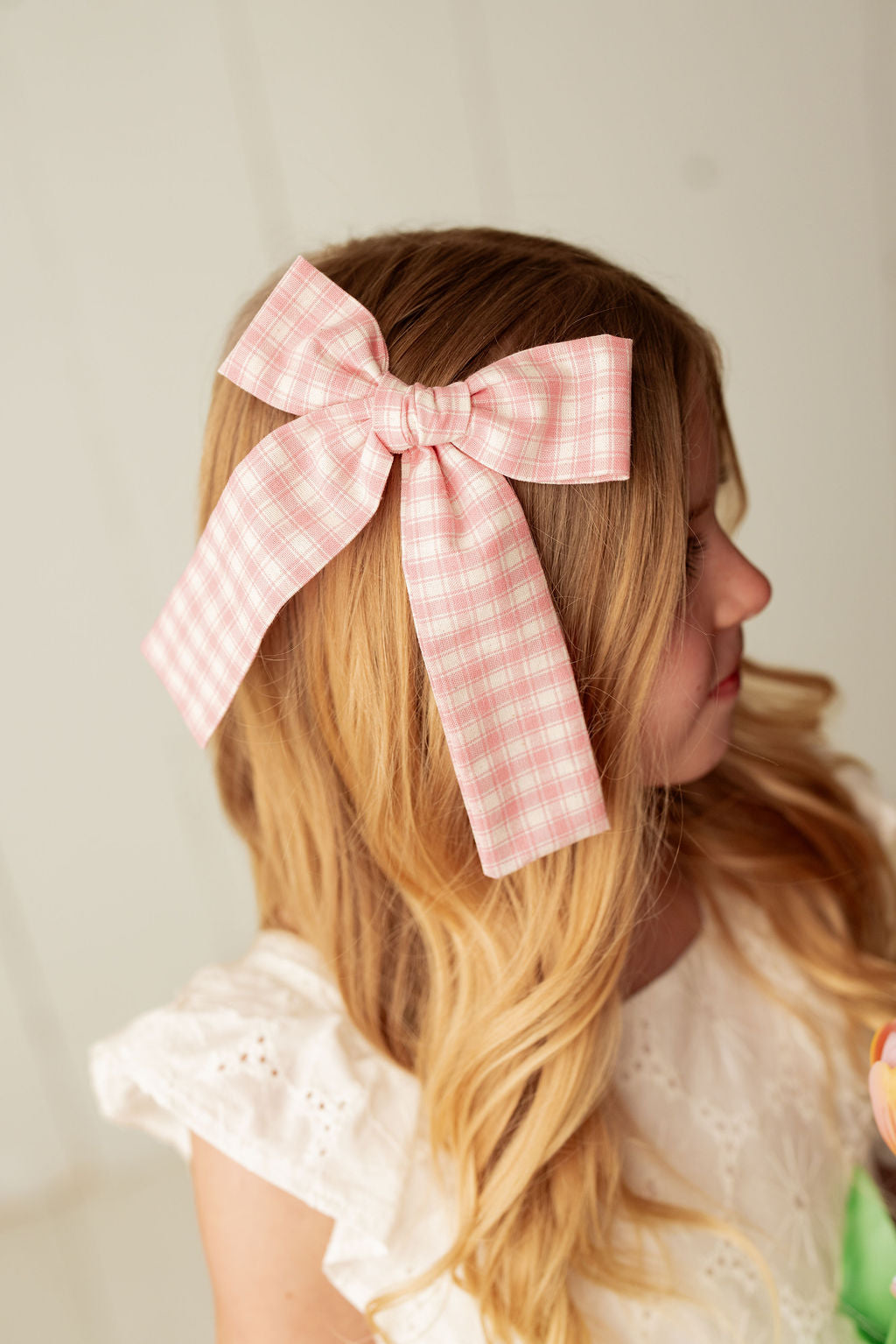 Claire Gingham Long Tail Hair Bow Clip