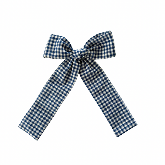 Miles Blue Gingham Long Tail Hair Bow Clip